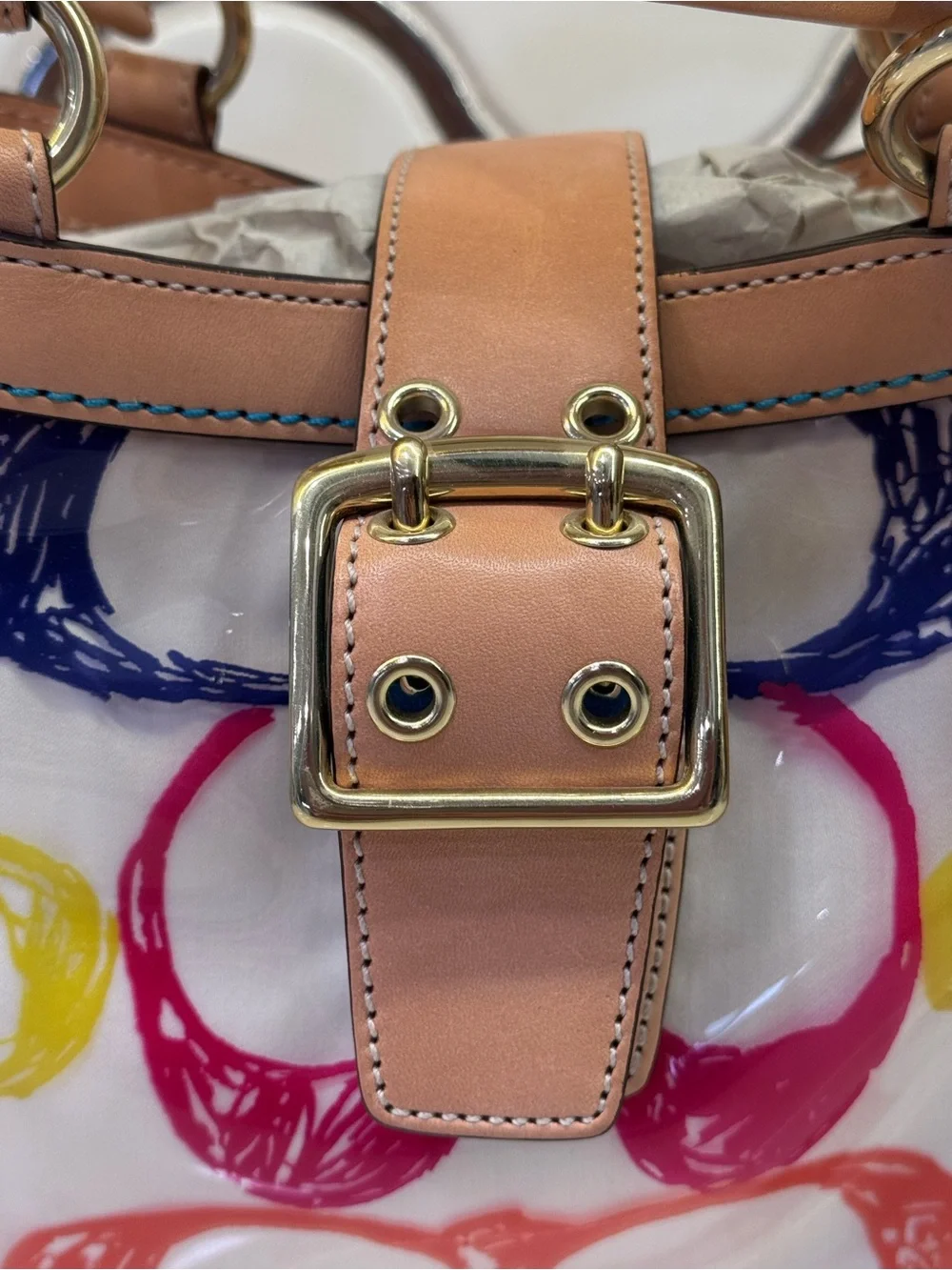 Coach Multicolor Logo Print Boxy  Tote w/ Tan Leather - Vintage -Limited Edition
